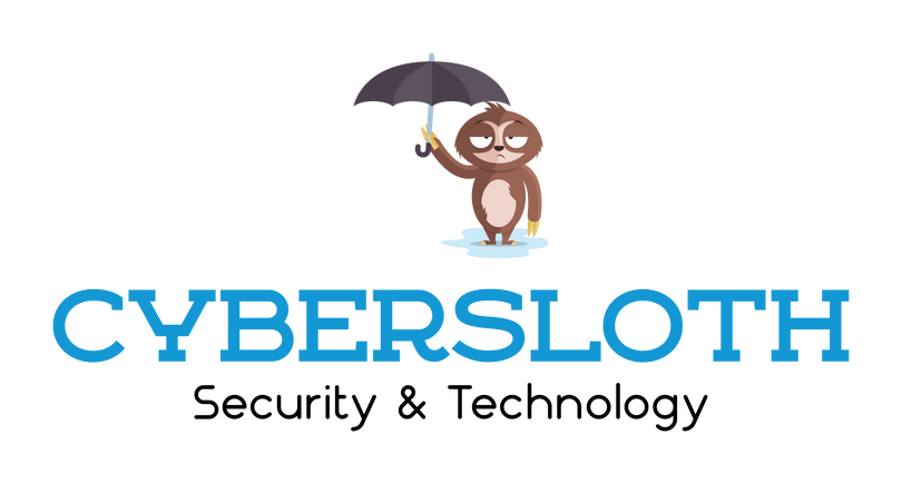 Cybersloth logo. A sloth holding an umbrella with the words cyber sloth security and technology underneath.